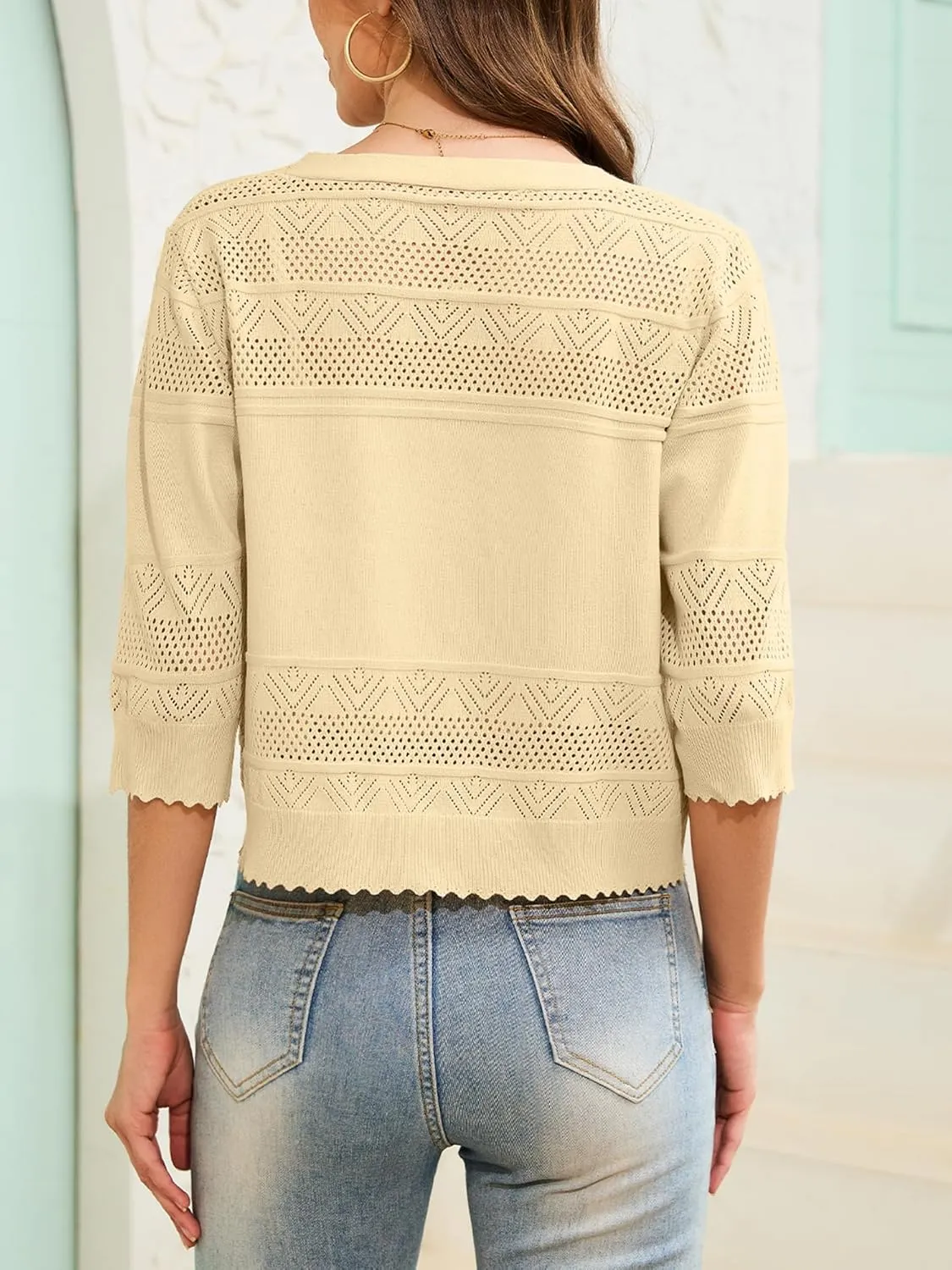 Women's 2025 Cropped Cardigan 3/4 Sleeve Lightweight Crochet Shrug Hollowed-Out Knit Sweater Tops S-XXL
