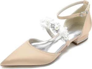 Women's Ankle Strap Wedding Shoes for Bride Pointed Toe Satin Wedding Flats Pearl Flower Formal Prom Party Dress Shoes