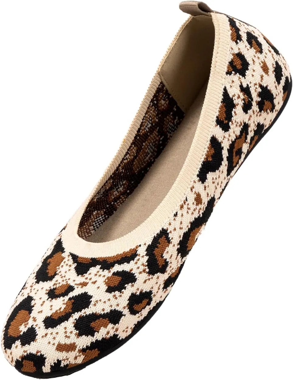 Women’s Ballet Flat Shoes Knit Shoes Round Toe Slip On Ballerina Walking Flats Shoes Black Leopard Comfortable Shoes