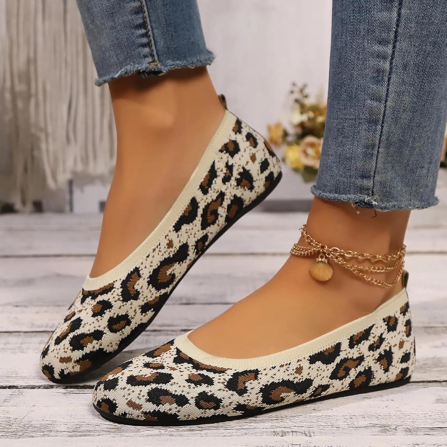 Women’s Ballet Flat Shoes Knit Shoes Round Toe Slip On Ballerina Walking Flats Shoes Black Leopard Comfortable Shoes