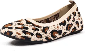 Women’s Ballet Flat Shoes Knit Shoes Round Toe Slip On Ballerina Walking Flats Shoes Black Leopard Comfortable Shoes
