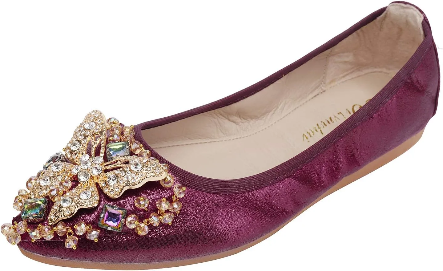 Womens Ballet Flats Foldable Rhinestone Pointed Toe Comfortable Slip on Wedding Flat Shoes Dress Flats for Women