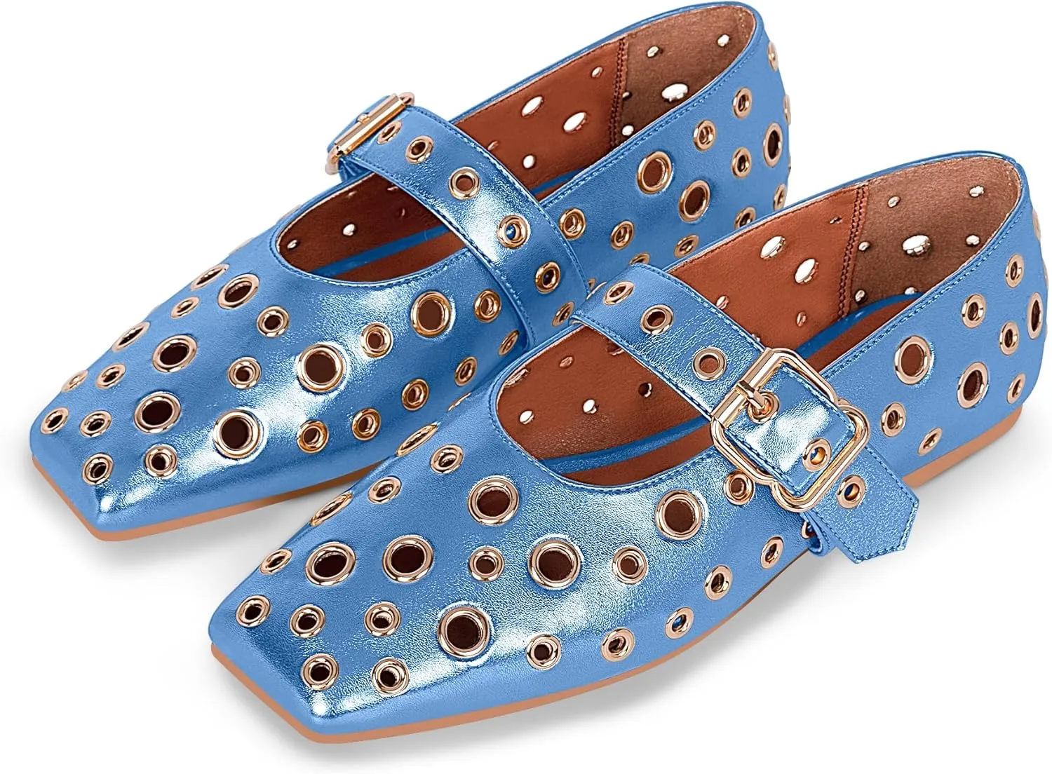 Women's Ballet Flats Studded Metal Eyelet Buckle Perforated Mary Jane Shoes