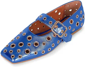 Women's Ballet Flats Studded Metal Eyelet Buckle Perforated Mary Jane Shoes