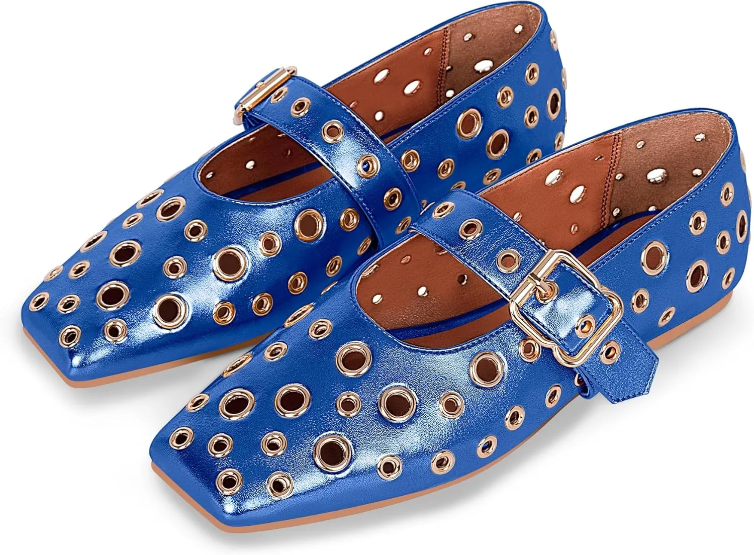 Women's Ballet Flats Studded Metal Eyelet Buckle Perforated Mary Jane Shoes
