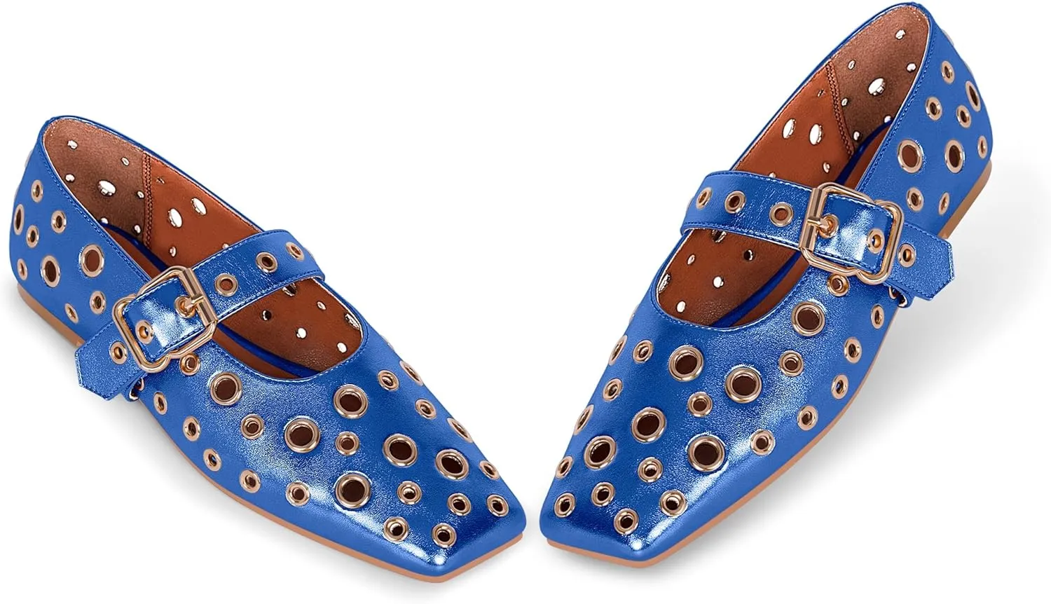 Women's Ballet Flats Studded Metal Eyelet Buckle Perforated Mary Jane Shoes
