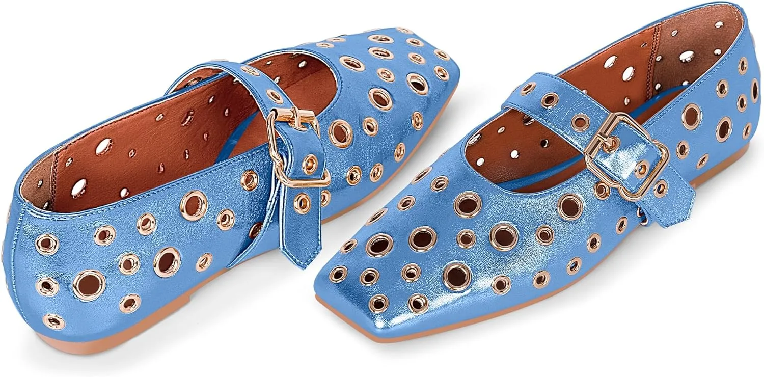 Women's Ballet Flats Studded Metal Eyelet Buckle Perforated Mary Jane Shoes