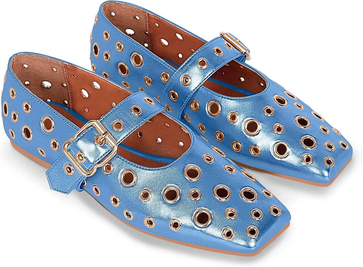 Women's Ballet Flats Studded Metal Eyelet Buckle Perforated Mary Jane Shoes