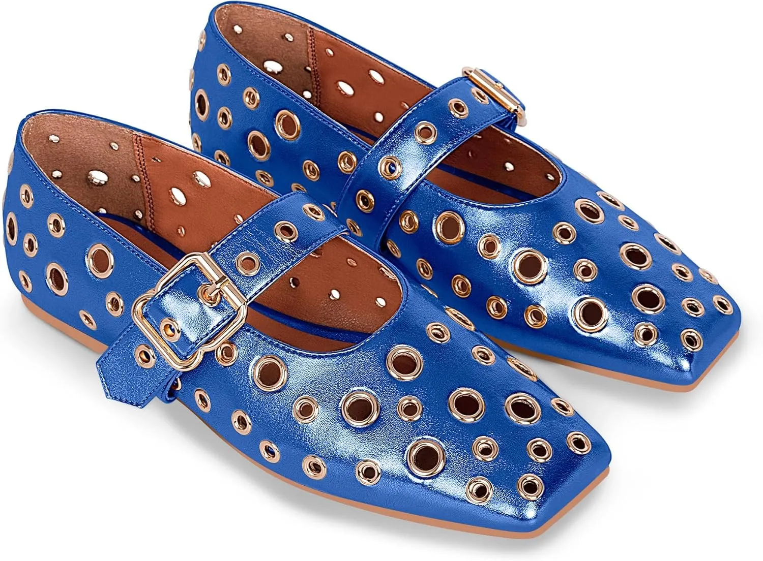 Women's Ballet Flats Studded Metal Eyelet Buckle Perforated Mary Jane Shoes