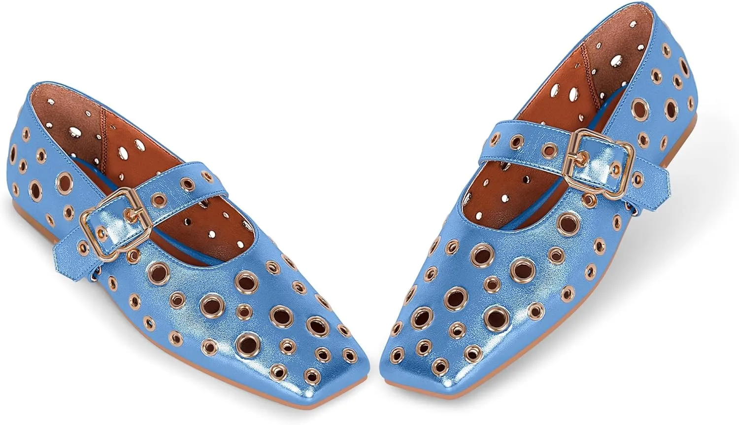 Women's Ballet Flats Studded Metal Eyelet Buckle Perforated Mary Jane Shoes