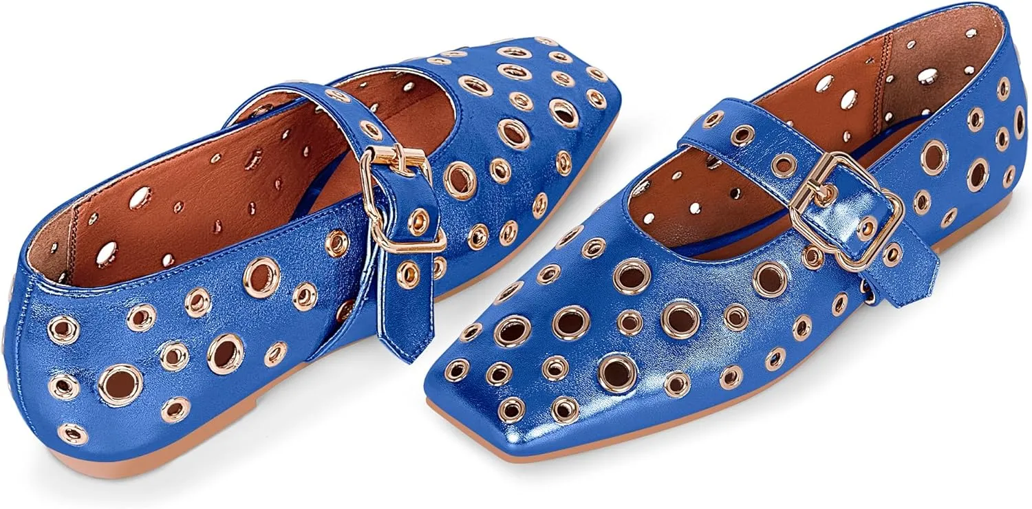 Women's Ballet Flats Studded Metal Eyelet Buckle Perforated Mary Jane Shoes