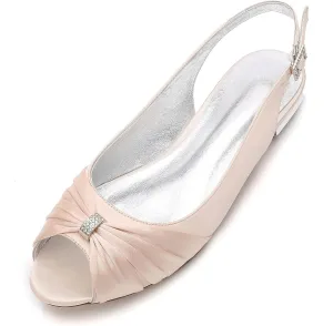 Women's Bridal Shoes Peep Toe Satin Rhinestones Ankle Strap Slingback Wedding Flats