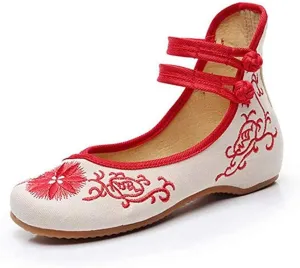 Women's Casual Flat Chinese Embroidered Floral Mary Jane Ballet Shoes