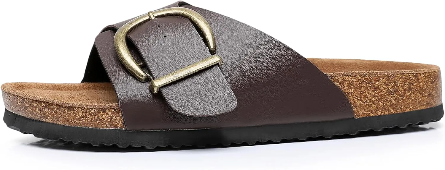 Women's Cork Footbed Sandals Cow Suede Summer Slide Sandals for Women with Adjustable Strap Buckle Open Toe Outdoor Beach Sandals