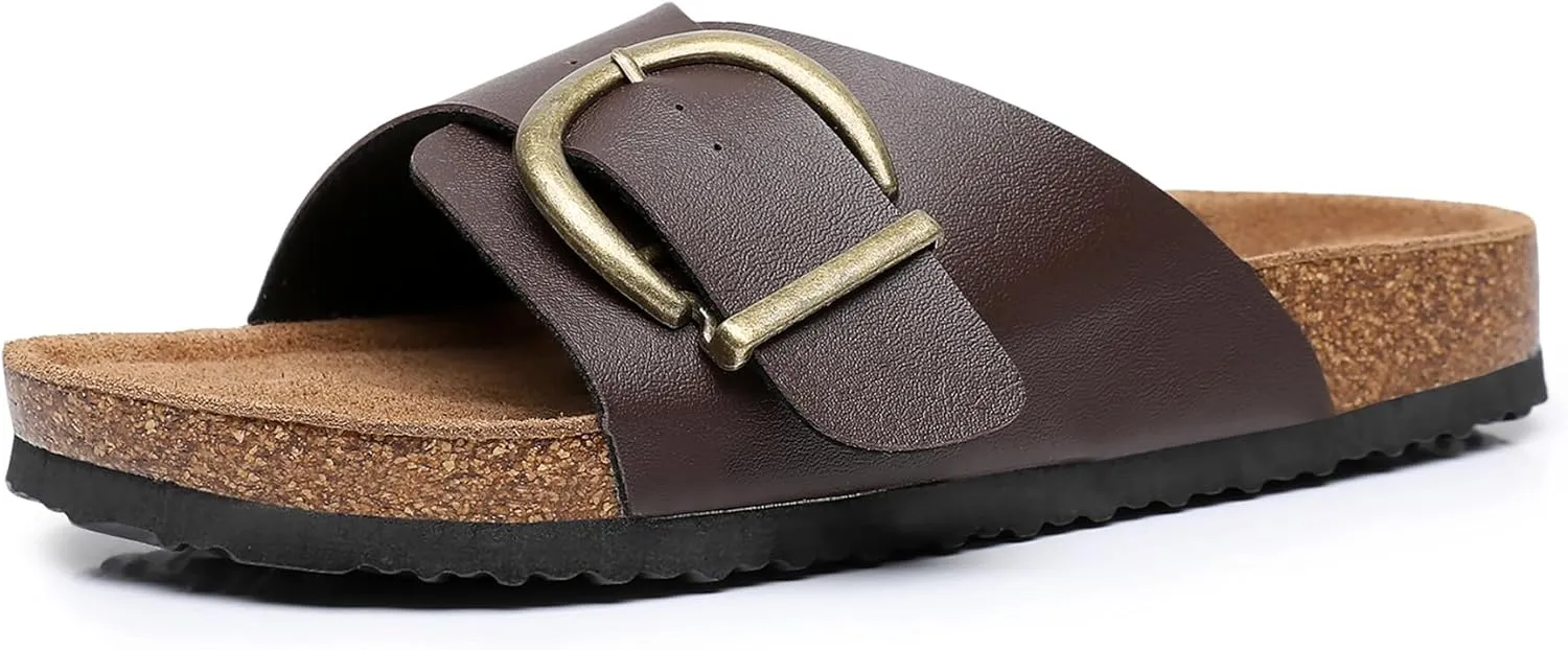 Women's Cork Footbed Sandals Cow Suede Summer Slide Sandals for Women with Adjustable Strap Buckle Open Toe Outdoor Beach Sandals