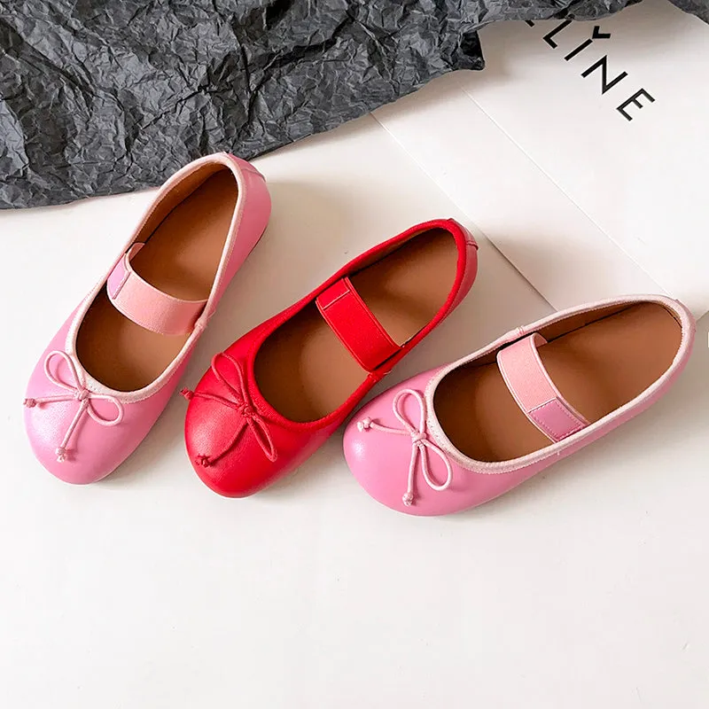 Women's Cute Sheepskin Round Toe Bowknot Ballet Elastic Strap Slip On Flat Shoes