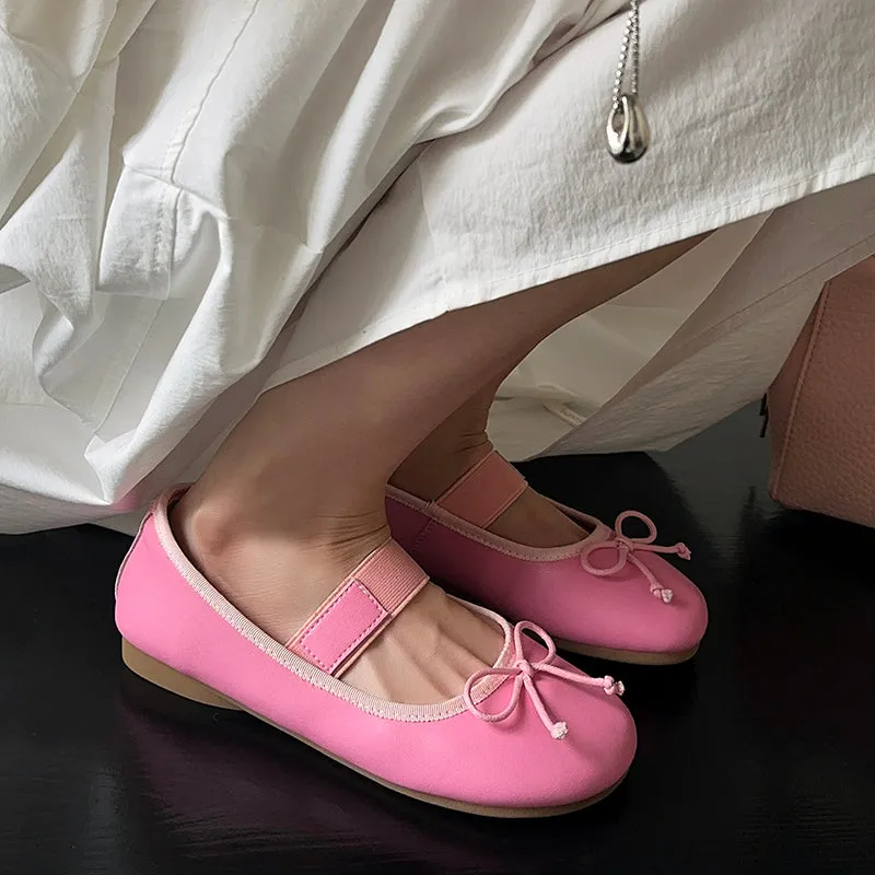 Women's Cute Sheepskin Round Toe Bowknot Ballet Elastic Strap Slip On Flat Shoes