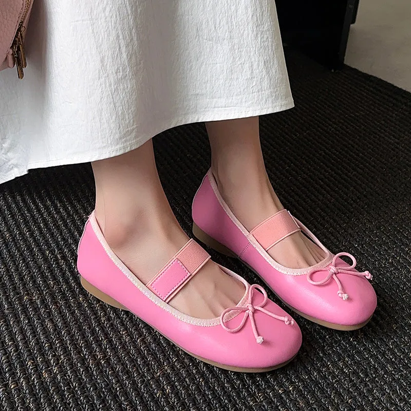 Women's Cute Sheepskin Round Toe Bowknot Ballet Elastic Strap Slip On Flat Shoes