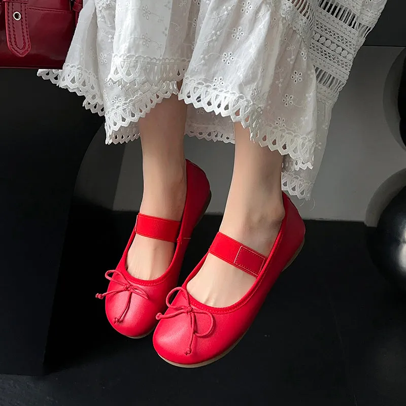 Women's Cute Sheepskin Round Toe Bowknot Ballet Elastic Strap Slip On Flat Shoes