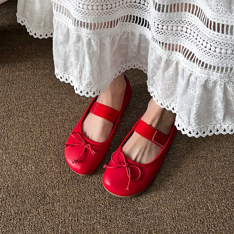 Women's Cute Sheepskin Round Toe Bowknot Ballet Elastic Strap Slip On Flat Shoes