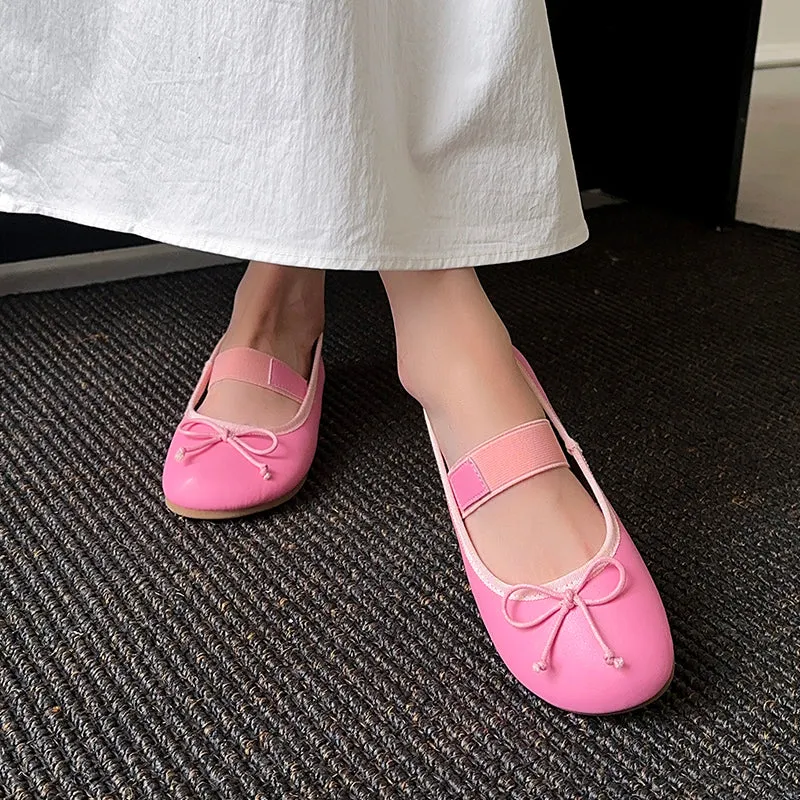 Women's Cute Sheepskin Round Toe Bowknot Ballet Elastic Strap Slip On Flat Shoes