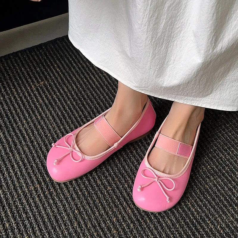 Women's Cute Sheepskin Round Toe Bowknot Ballet Elastic Strap Slip On Flat Shoes