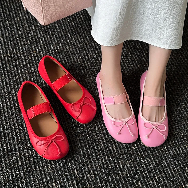 Women's Cute Sheepskin Round Toe Bowknot Ballet Elastic Strap Slip On Flat Shoes