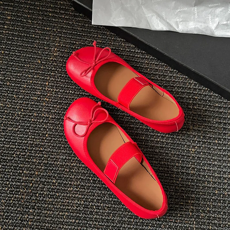 Women's Cute Sheepskin Round Toe Bowknot Ballet Elastic Strap Slip On Flat Shoes