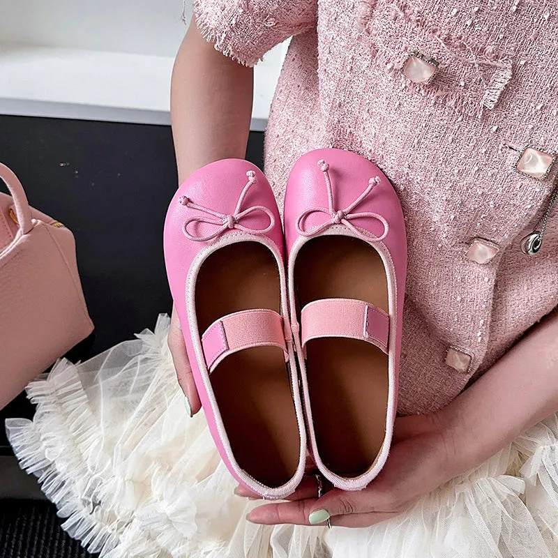 Women's Cute Sheepskin Round Toe Bowknot Ballet Elastic Strap Slip On Flat Shoes