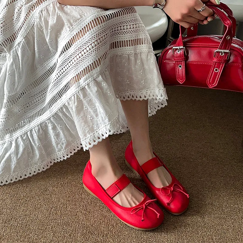 Women's Cute Sheepskin Round Toe Bowknot Ballet Elastic Strap Slip On Flat Shoes