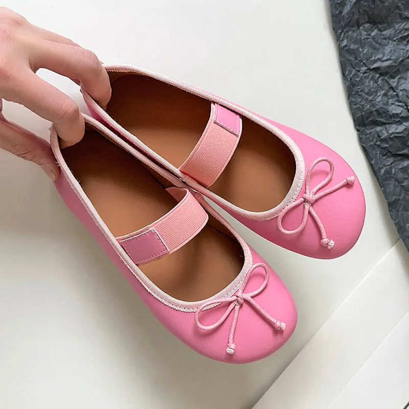 Women's Cute Sheepskin Round Toe Bowknot Ballet Elastic Strap Slip On Flat Shoes