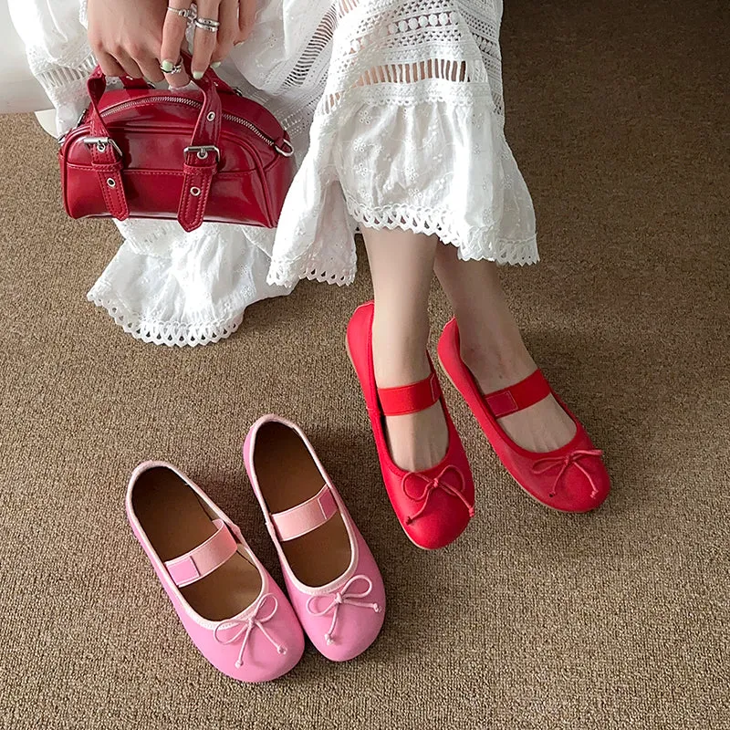 Women's Cute Sheepskin Round Toe Bowknot Ballet Elastic Strap Slip On Flat Shoes
