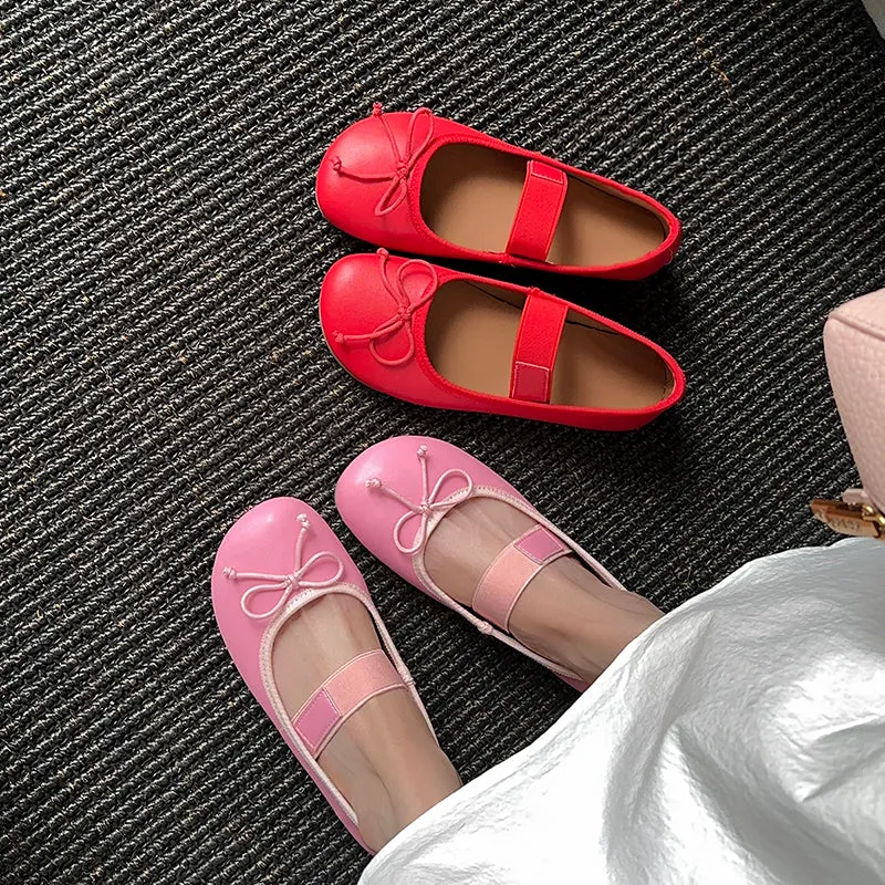 Women's Cute Sheepskin Round Toe Bowknot Ballet Elastic Strap Slip On Flat Shoes