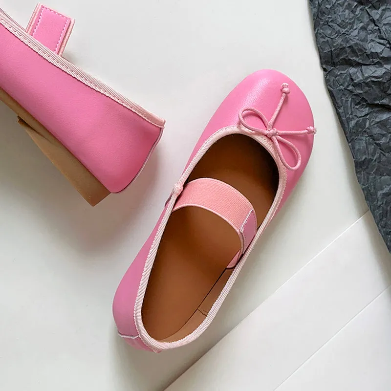 Women's Cute Sheepskin Round Toe Bowknot Ballet Elastic Strap Slip On Flat Shoes