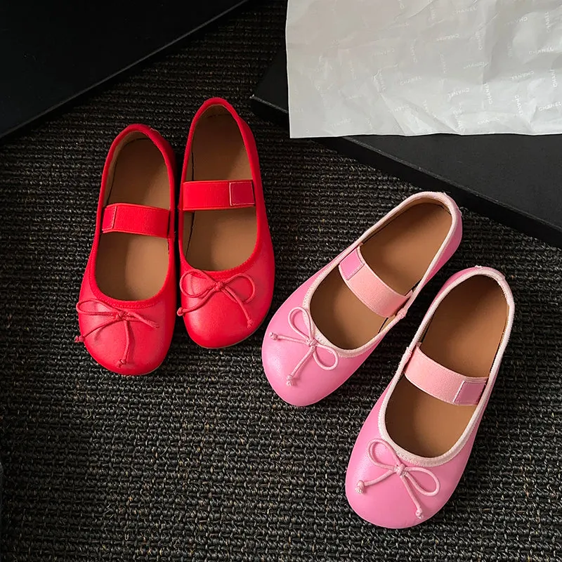 Women's Cute Sheepskin Round Toe Bowknot Ballet Elastic Strap Slip On Flat Shoes