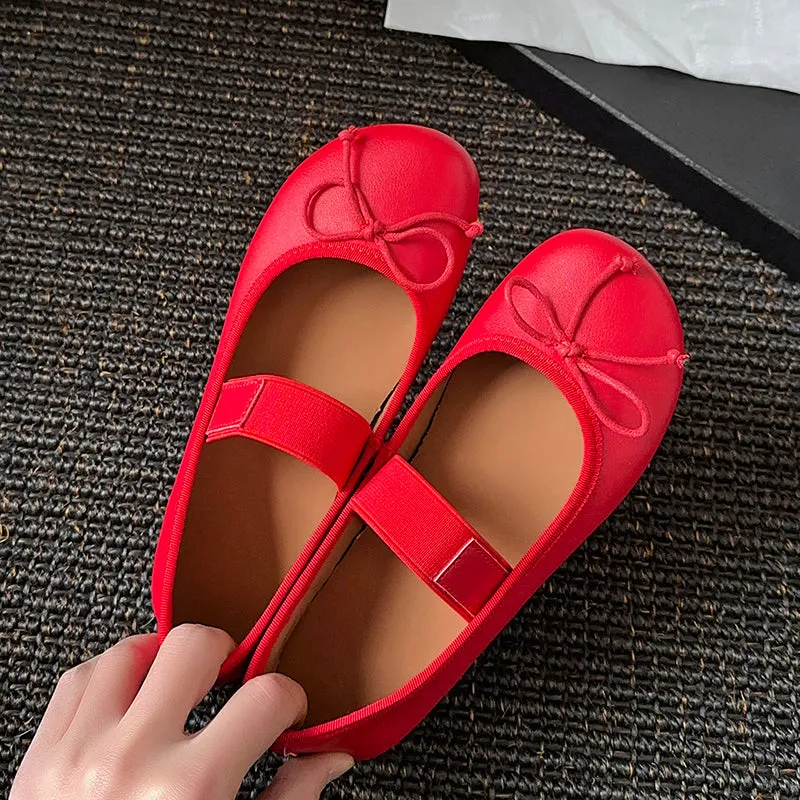 Women's Cute Sheepskin Round Toe Bowknot Ballet Elastic Strap Slip On Flat Shoes