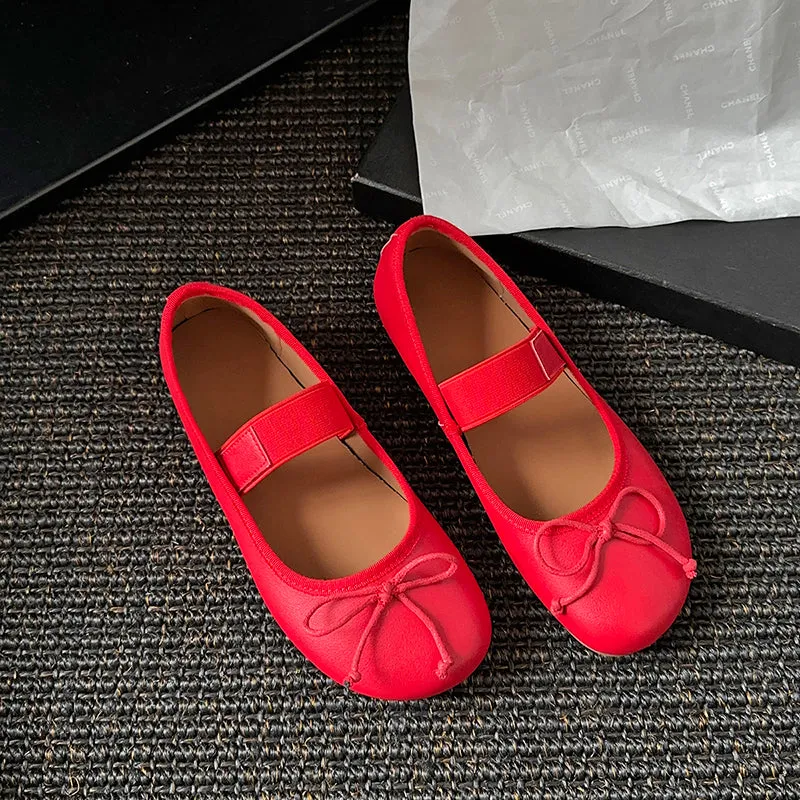 Women's Cute Sheepskin Round Toe Bowknot Ballet Elastic Strap Slip On Flat Shoes