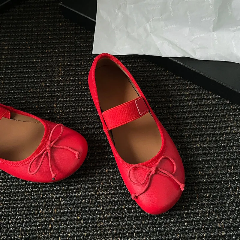 Women's Cute Sheepskin Round Toe Bowknot Ballet Elastic Strap Slip On Flat Shoes