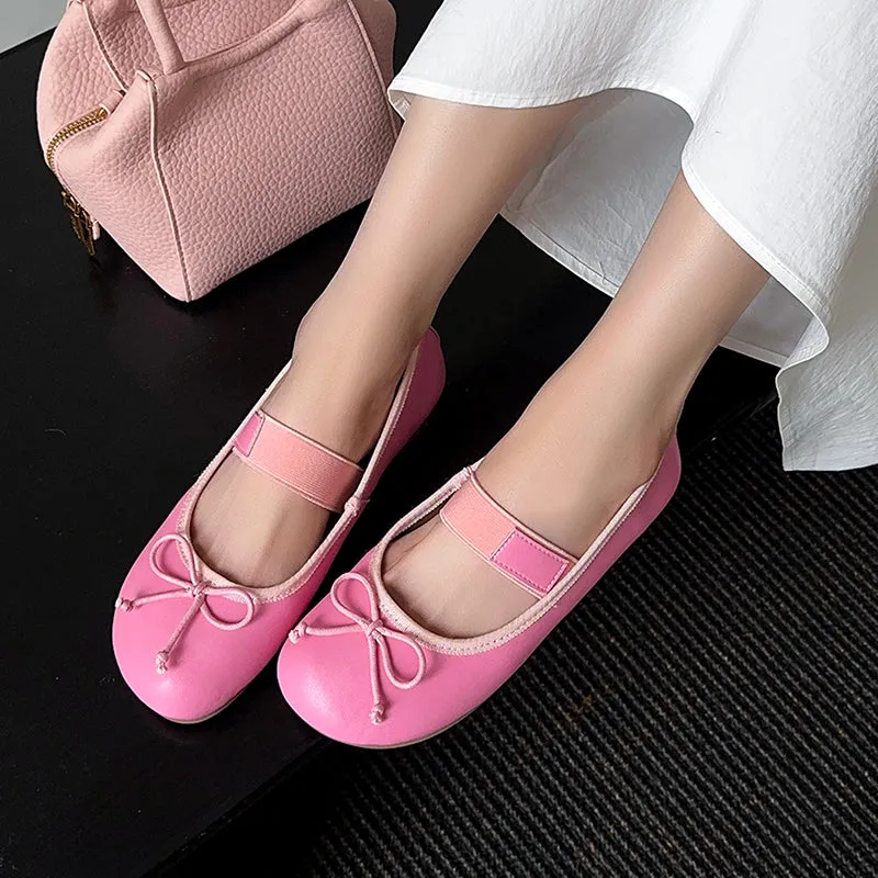 Women's Cute Sheepskin Round Toe Bowknot Ballet Elastic Strap Slip On Flat Shoes