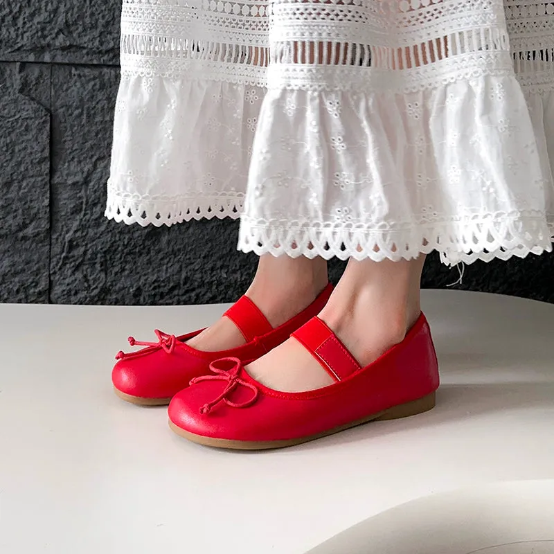 Women's Cute Sheepskin Round Toe Bowknot Ballet Elastic Strap Slip On Flat Shoes