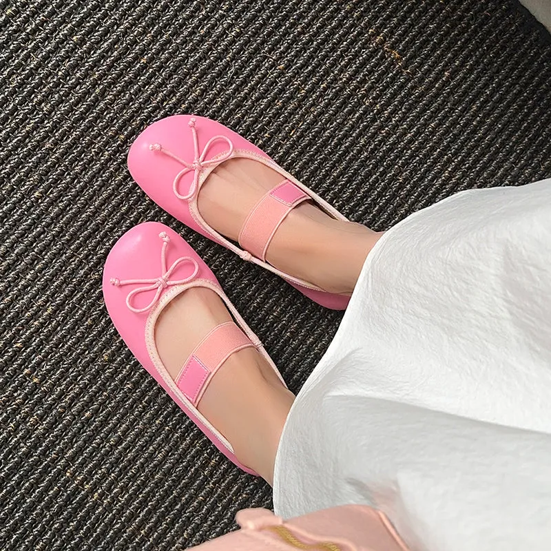Women's Cute Sheepskin Round Toe Bowknot Ballet Elastic Strap Slip On Flat Shoes