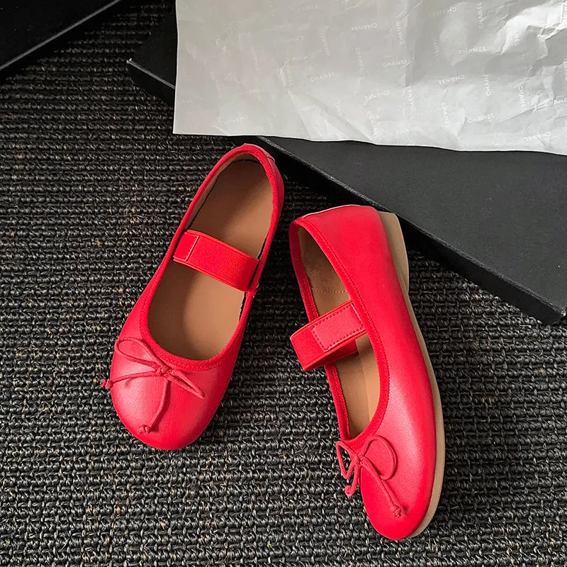 Women's Cute Sheepskin Round Toe Bowknot Ballet Elastic Strap Slip On Flat Shoes