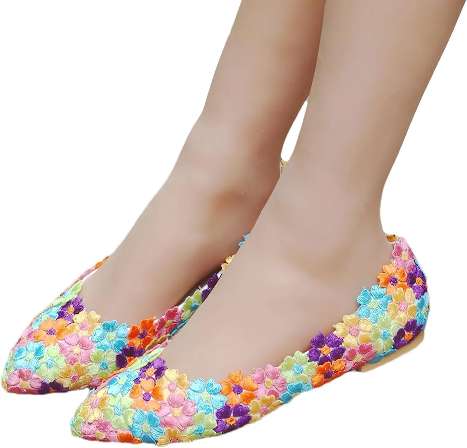 Womens Elegant Pointed Toe Flower Lace Pearls Bridal Shoes Pumps Soft Sole Ballet Flats