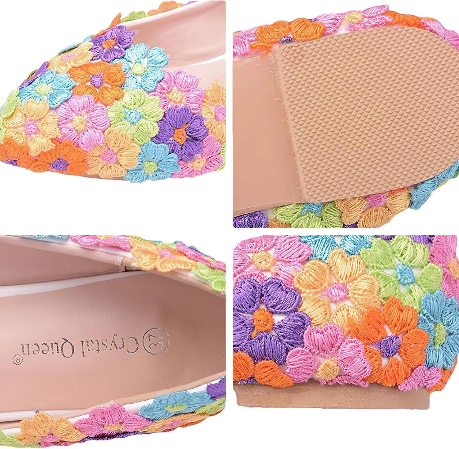 Womens Elegant Pointed Toe Flower Lace Pearls Bridal Shoes Pumps Soft Sole Ballet Flats