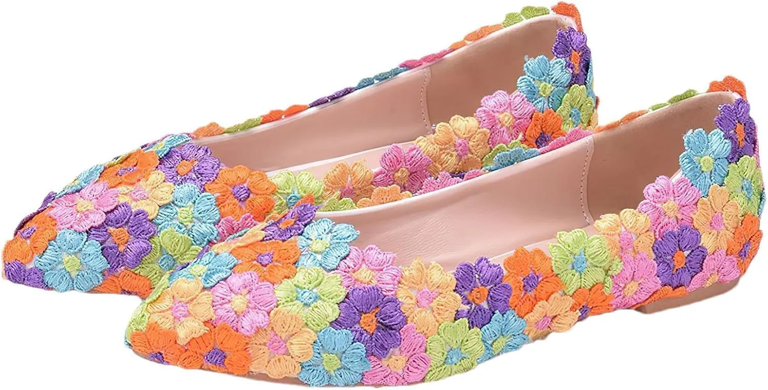 Womens Elegant Pointed Toe Flower Lace Pearls Bridal Shoes Pumps Soft Sole Ballet Flats