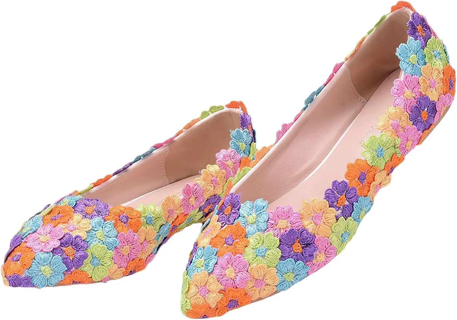 Womens Elegant Pointed Toe Flower Lace Pearls Bridal Shoes Pumps Soft Sole Ballet Flats