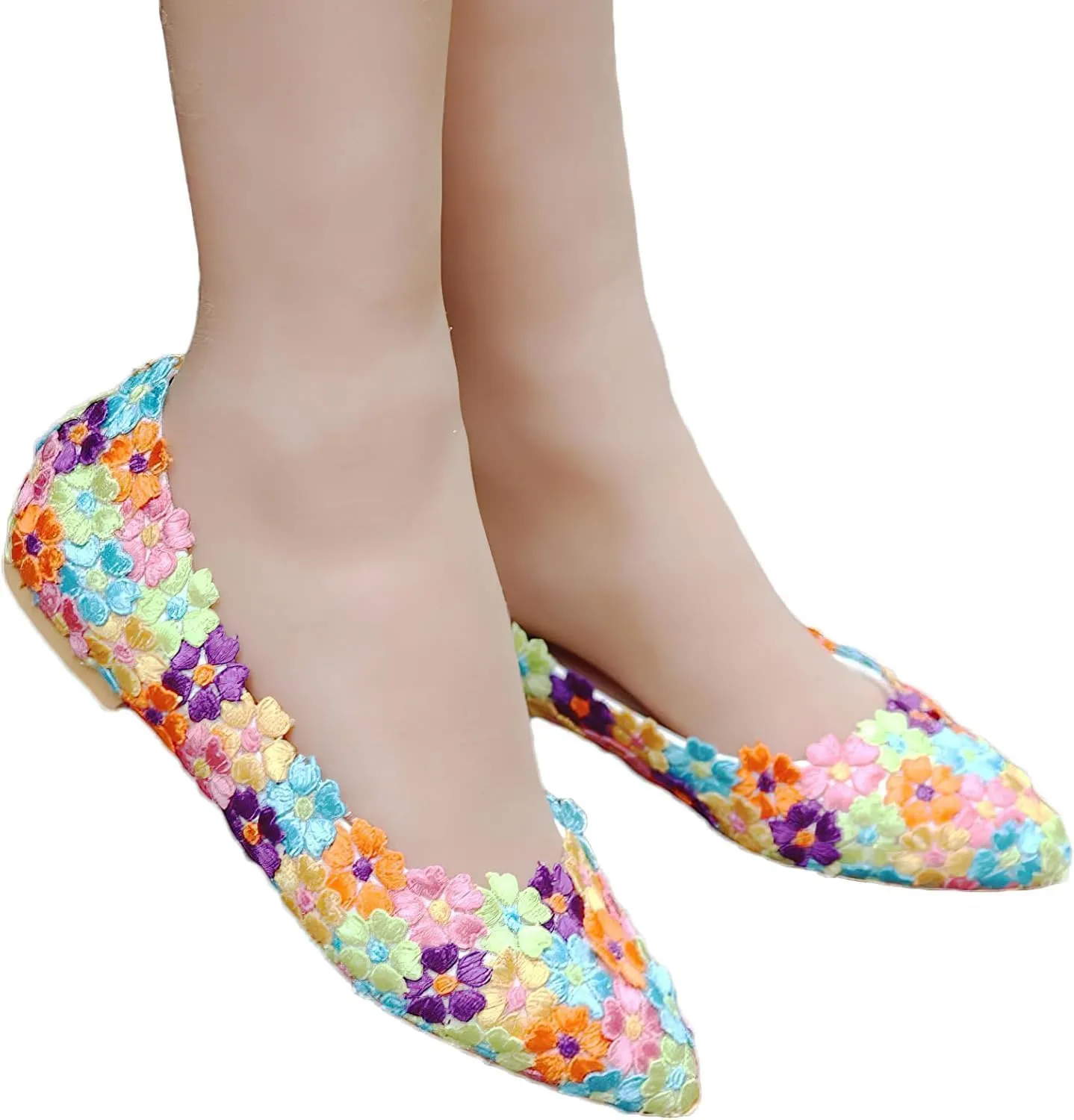 Womens Elegant Pointed Toe Flower Lace Pearls Bridal Shoes Pumps Soft Sole Ballet Flats