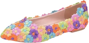 Womens Elegant Pointed Toe Flower Lace Pearls Bridal Shoes Pumps Soft Sole Ballet Flats