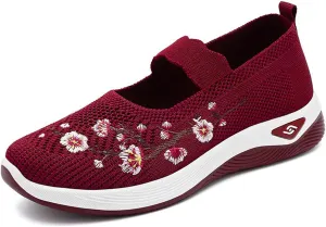 Women's Flower Embroidered Knitting Flat Loafers Casual Breathable Mesh Slip-On Orthopedic Shoes Lightweight Comfortable Soft Sole Walking Shoes with Arch Support