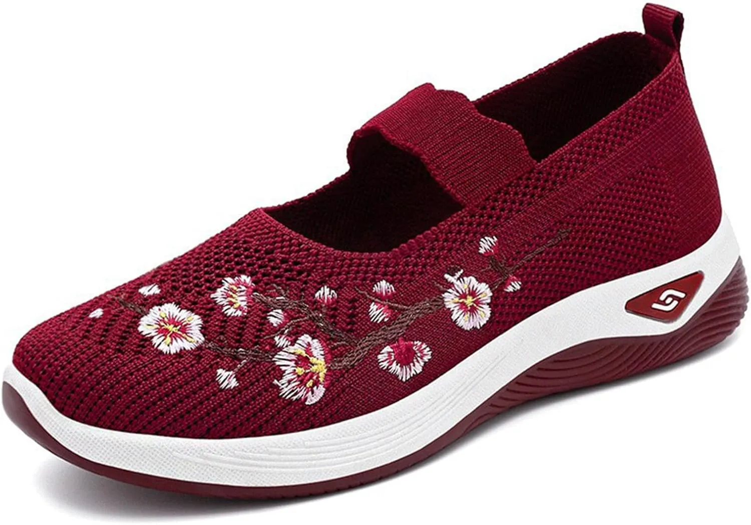 Women's Flower Embroidered Knitting Flat Loafers Casual Breathable Mesh Slip-On Orthopedic Shoes Lightweight Comfortable Soft Sole Walking Shoes with Arch Support